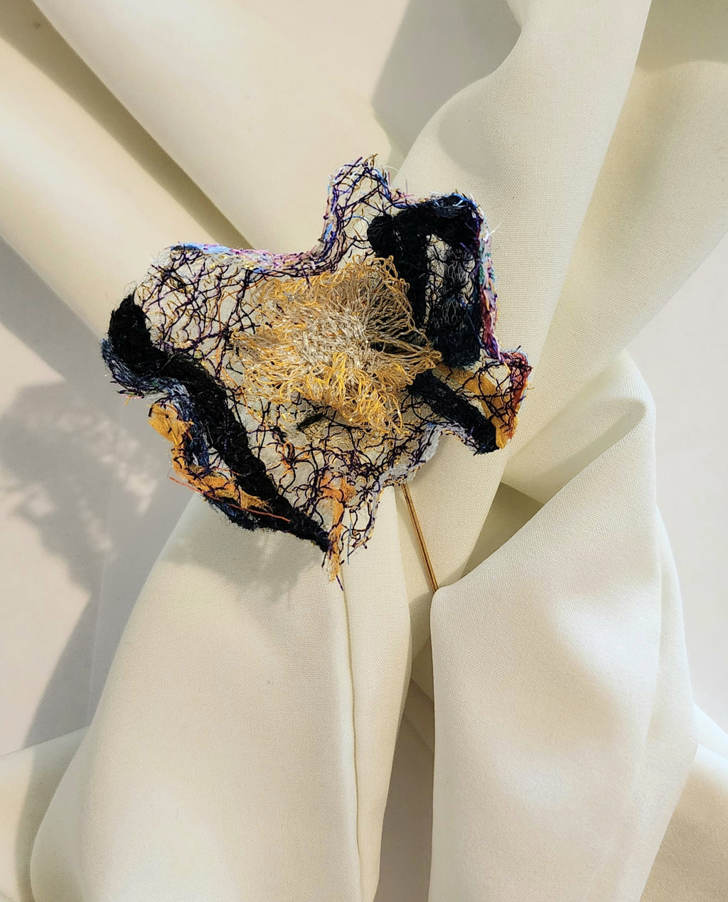 SP-6 Abstract Flower Stick Pin / Lapel Pin. Fabric made by Free Motion Embroidery. Lacy and Unique)