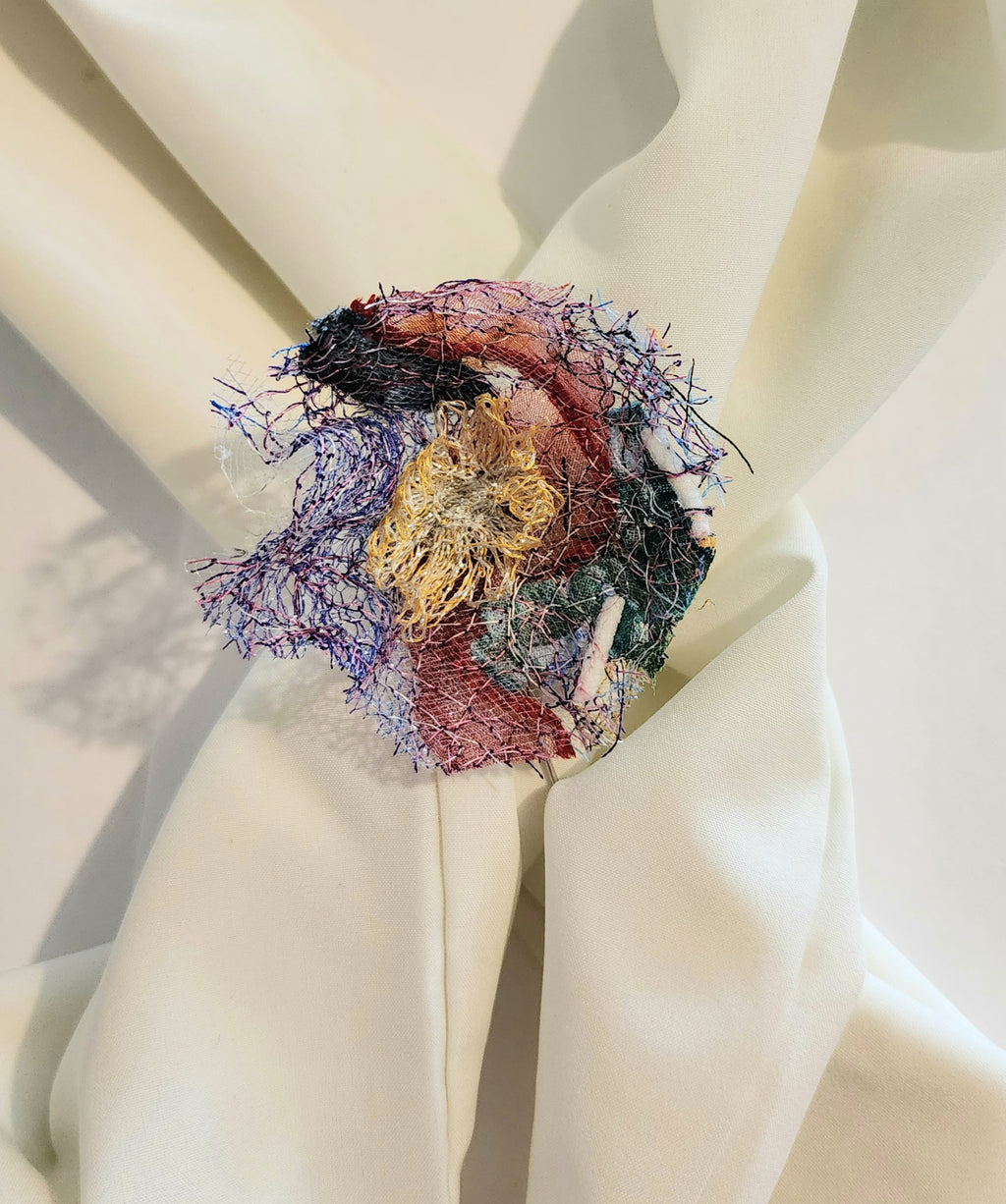 SP-9 Abstract Flower Stick Pin / Lapel Pin. Fabric made by Free Motion Embroidery. Lacy and Unique