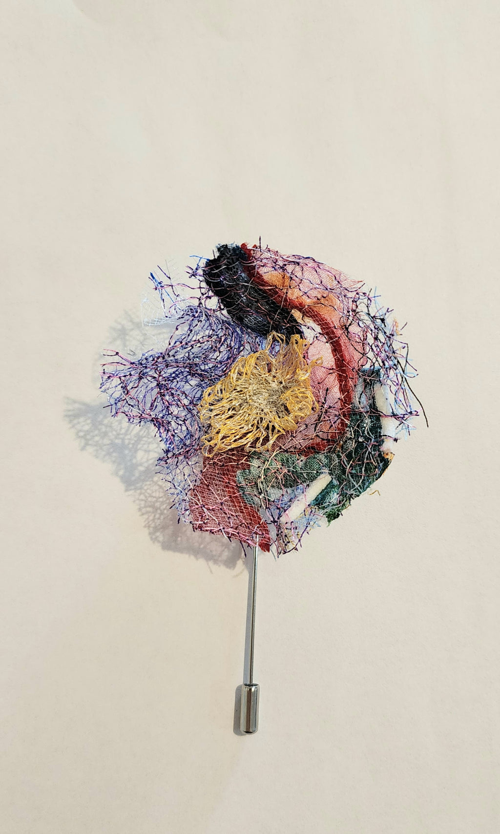 SP-9 Abstract Flower Stick Pin / Lapel Pin. Fabric made by Free Motion Embroidery. Lacy and Unique