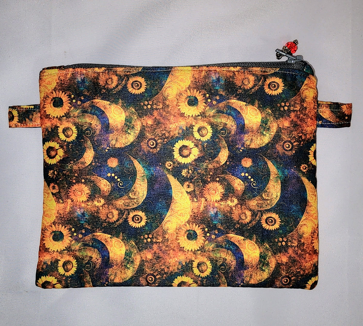 Pouches: Orange and Blue Tones Celestial Moon and Sunflower(m). Zipper Pouch, Fully Lined.  For Travel, Makeup, Toiletries, Crafting