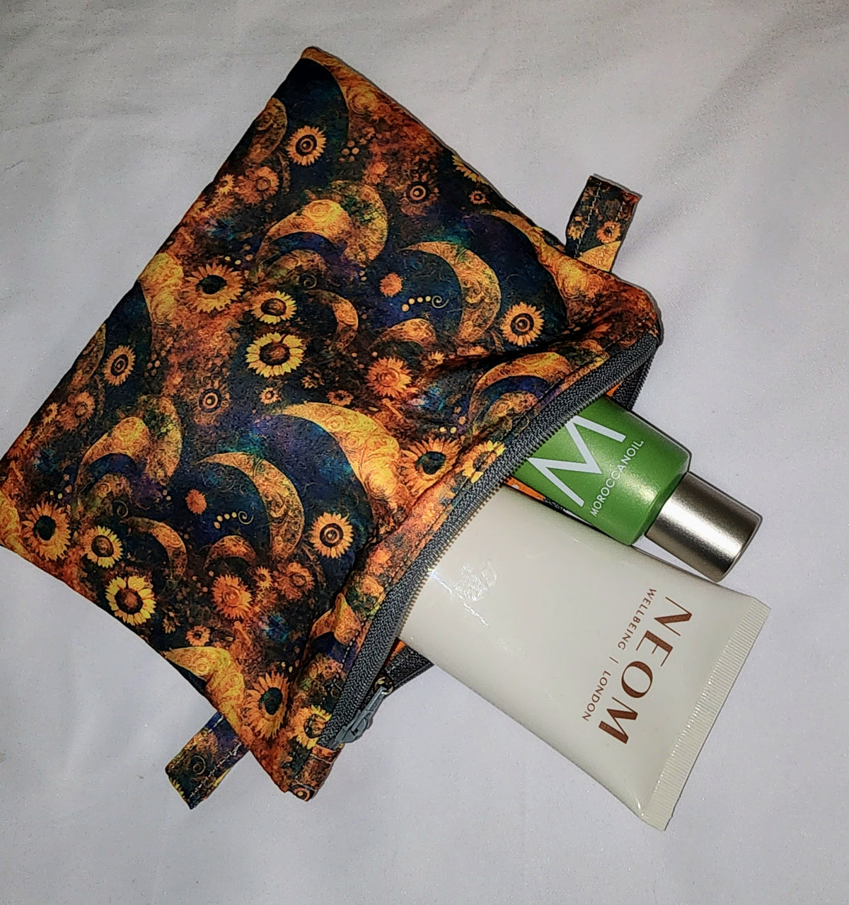 Pouches: Orange and Blue Tones Celestial Moon and Sunflower(m). Zipper Pouch, Fully Lined.  For Travel, Makeup, Toiletries, Crafting