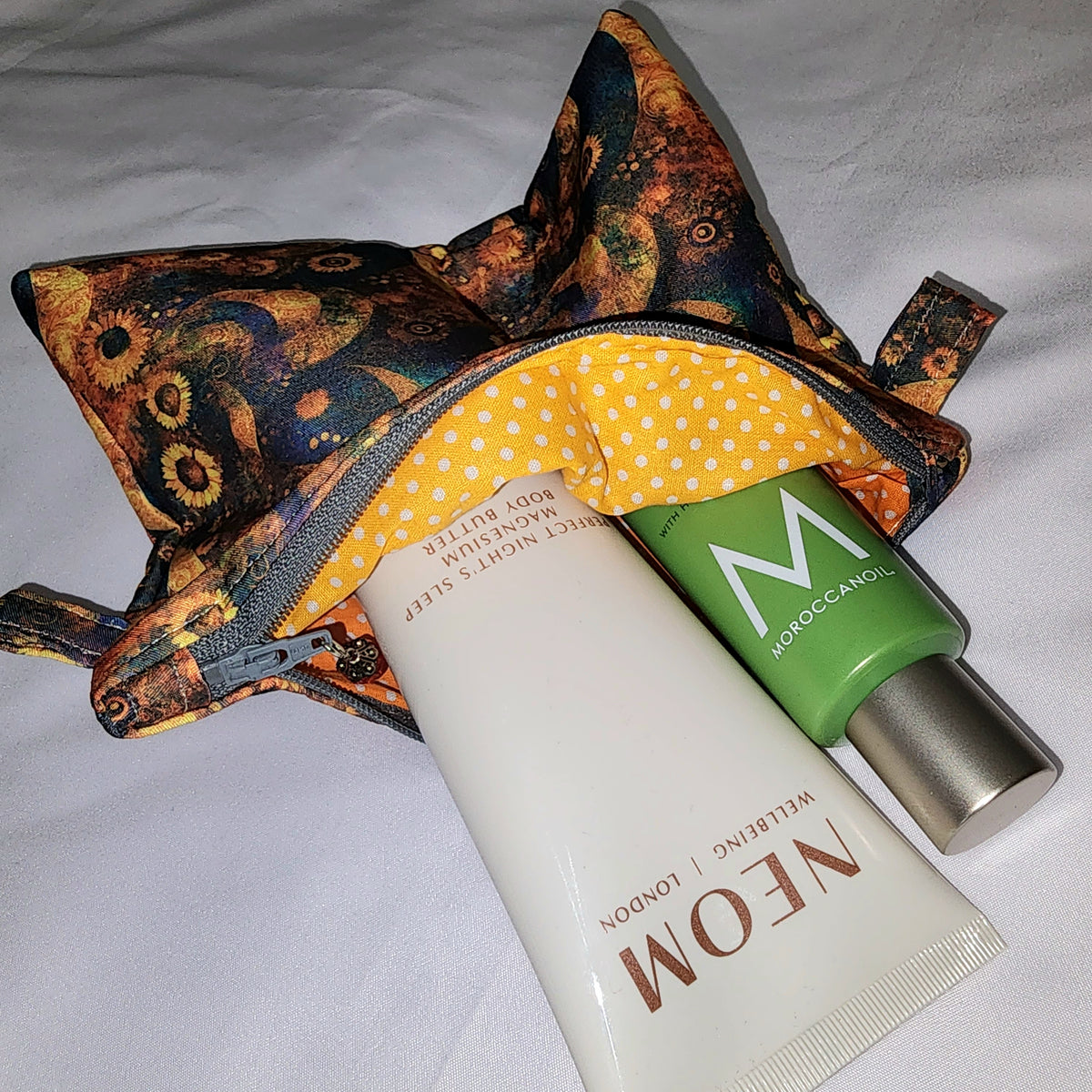 Pouches: Orange and Blue Tones Celestial Moon and Sunflower(m). Zipper Pouch, Fully Lined.  For Travel, Makeup, Toiletries, Crafting