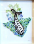 Whale illustration with green and blue patterns on a white background