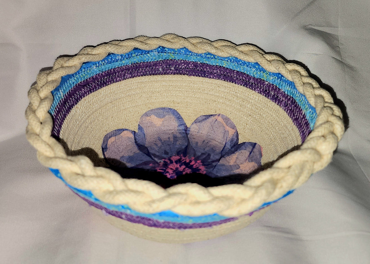 Rope Bowl: Blue and Purple Wrapped With Flower Accents and Base. Coiled Rope, Home Decor