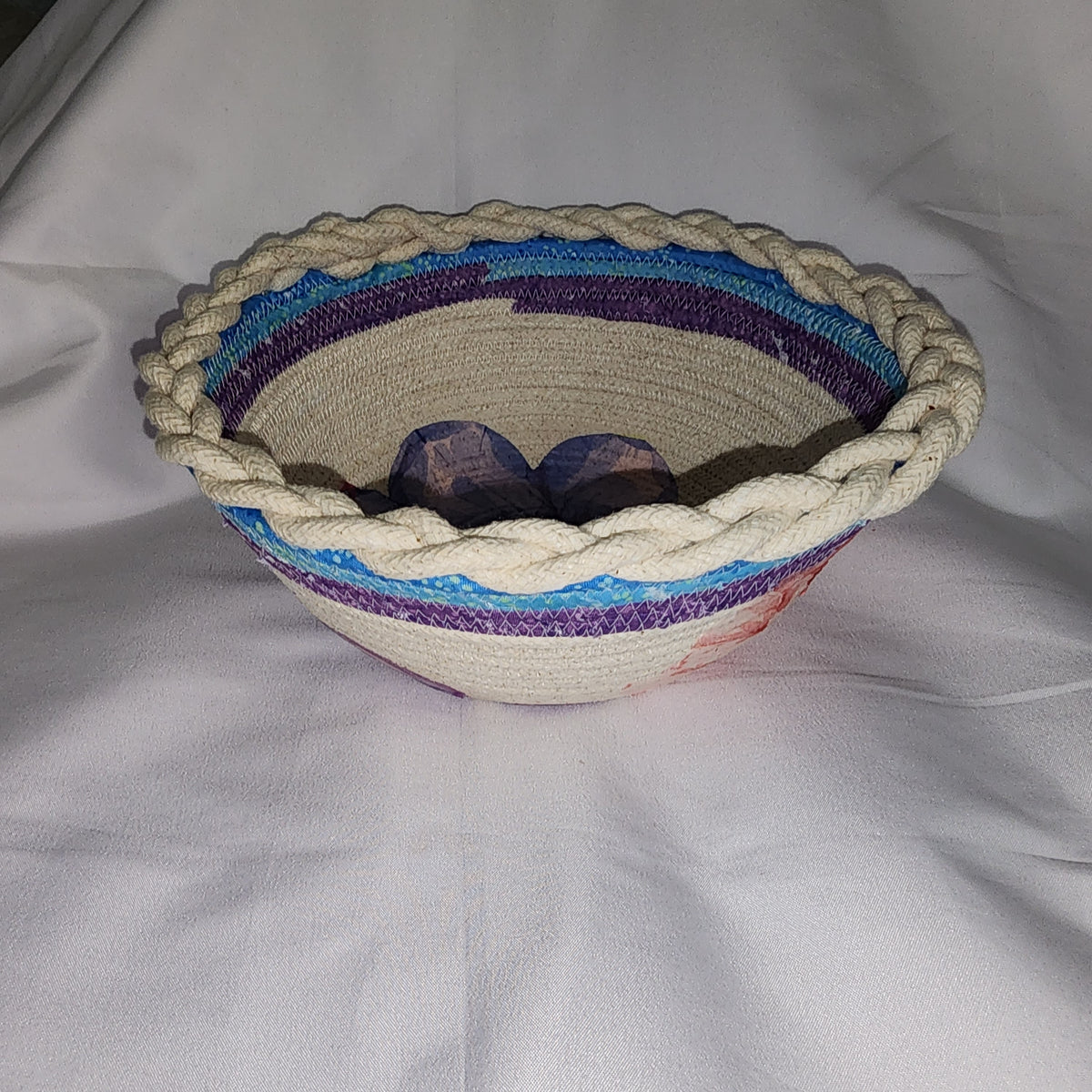 Rope Bowl: Blue and Purple Wrapped With Flower Accents and Base. Coiled Rope, Home Decor