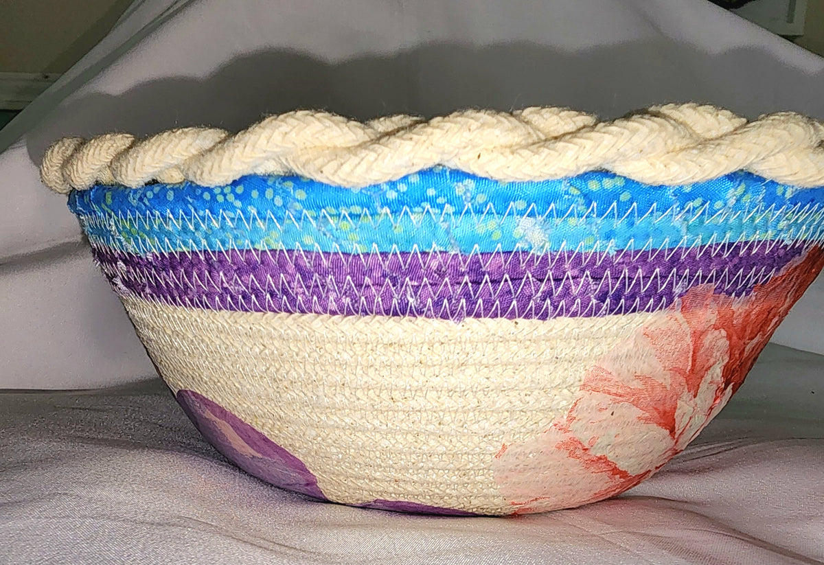 Rope Bowl: Blue and Purple Wrapped With Flower Accents and Base. Coiled Rope, Home Decor