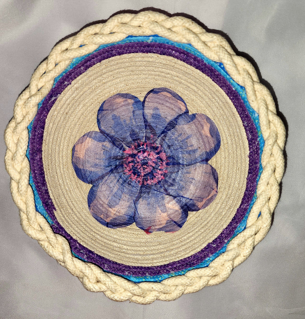 Rope Bowl: Blue and Purple Wrapped With Flower Accents and Base. Coiled Rope, Home Decor