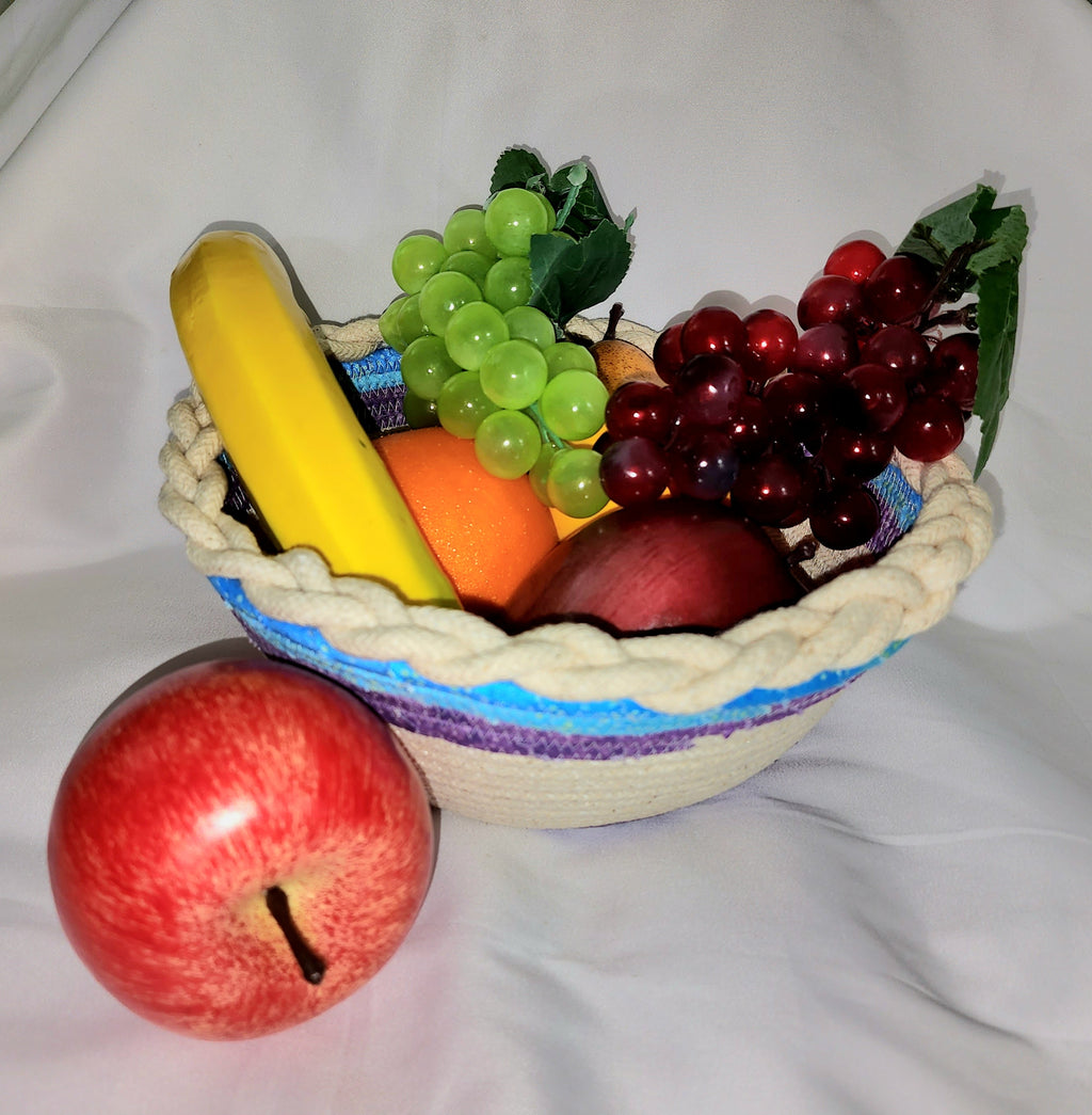Rope Bowl: Blue and Purple Wrapped With Flower Accents and Base. Coiled Rope, Home Decor