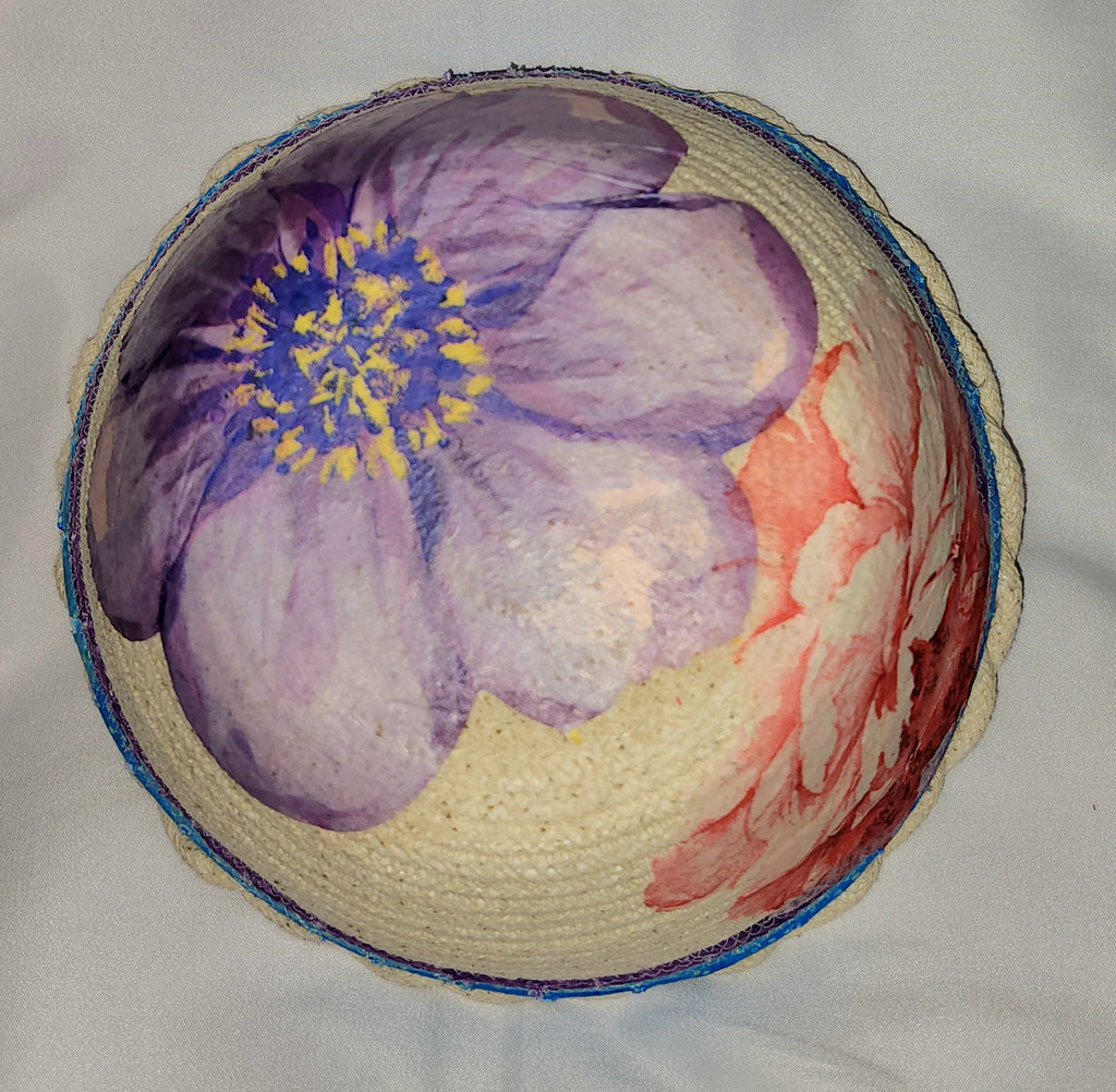 Rope Bowl: Blue and Purple Wrapped With Flower Accents and Base. Coiled Rope, Home Decor