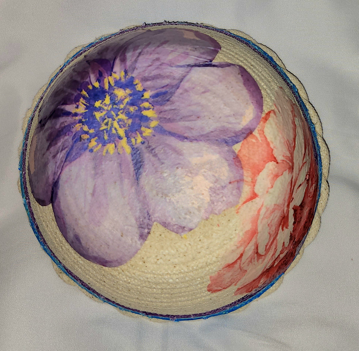 Rope Bowl: Blue and Purple Wrapped With Flower Accents and Base. Coiled Rope, Home Decor